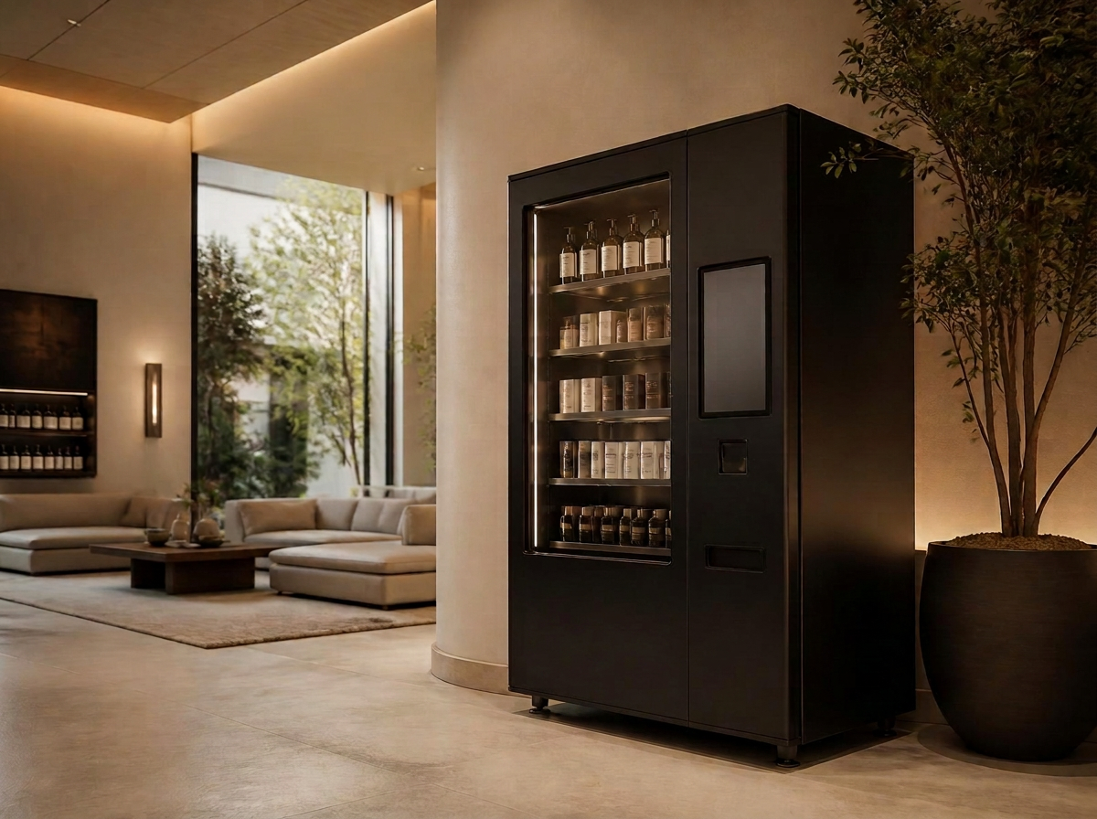 A modern touchscreen self-serve market in a boutique hotel lobby.
