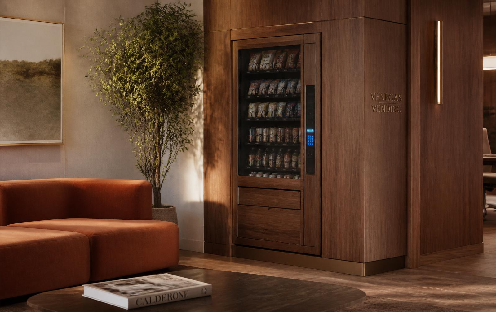 Modern hotel lobby with a discreetly placed self-serve market.