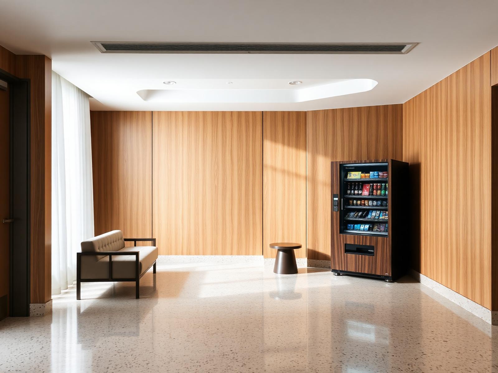 The same hotel lobby corner with a wood-wrapped vending machine placed against the wall.