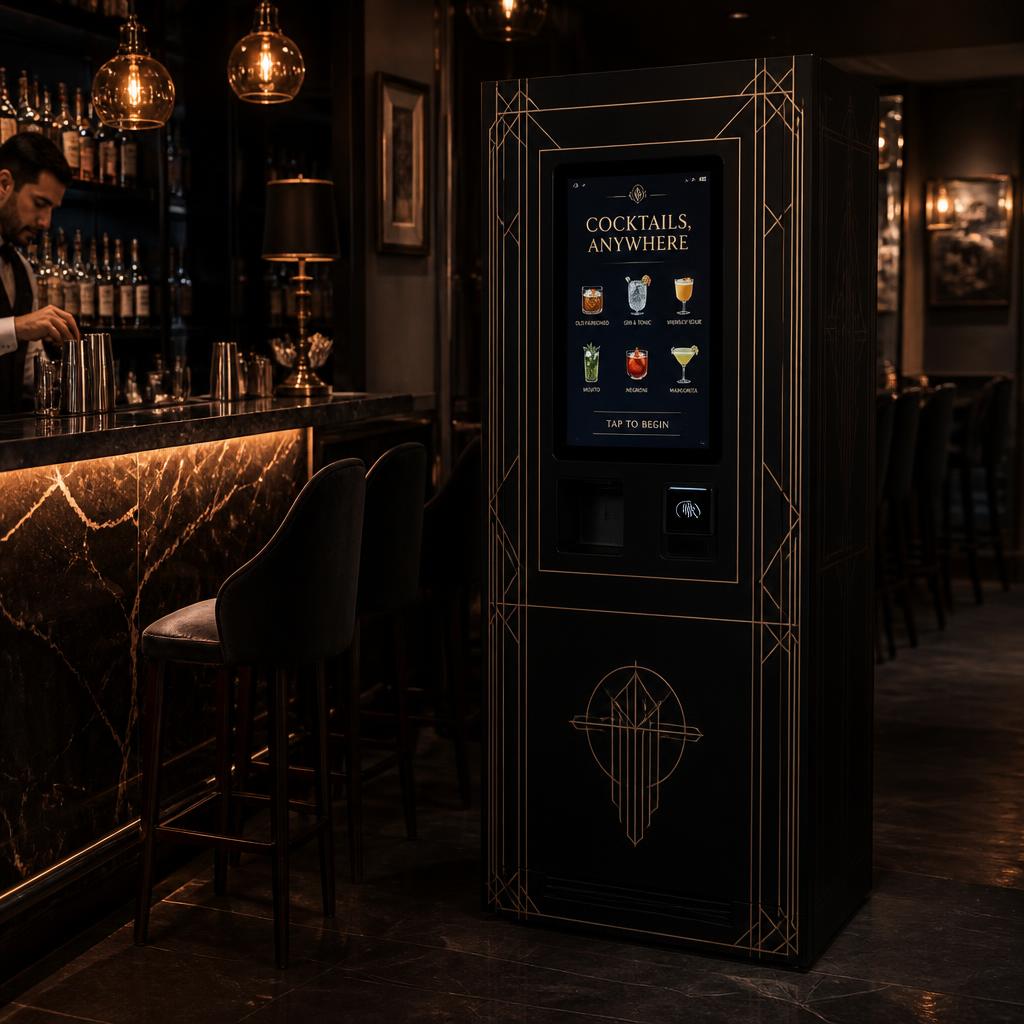 Upscale bar · Matte black with fine gold line-work, tuned to the room's low light.