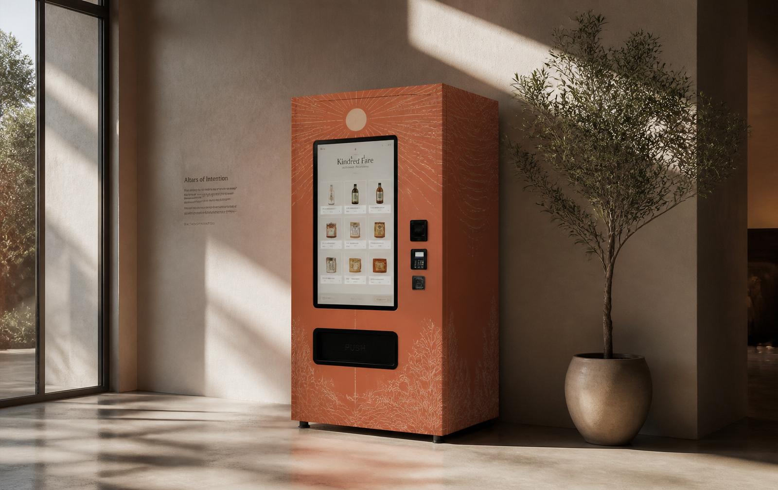 A modern touchscreen vending machine wrapped in a custom terracotta finish inside a gallery-like interior.