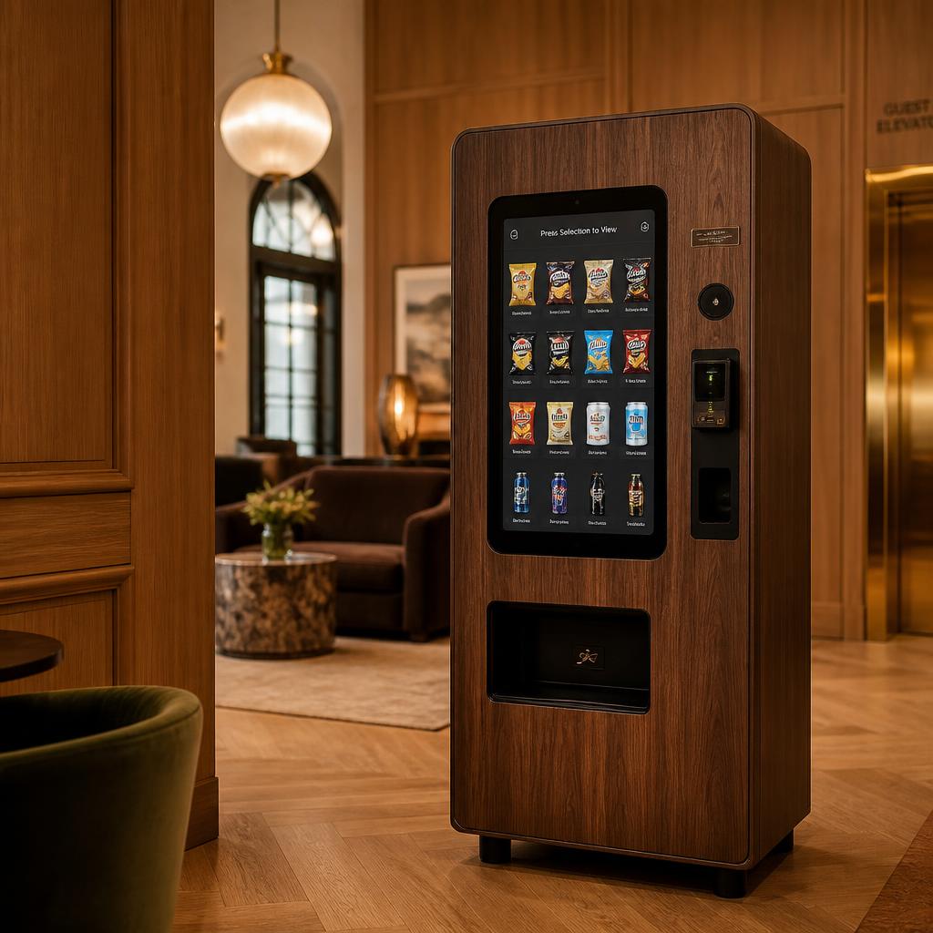 Boutique hotel · Warm walnut wood-grain, matched to the lobby paneling.