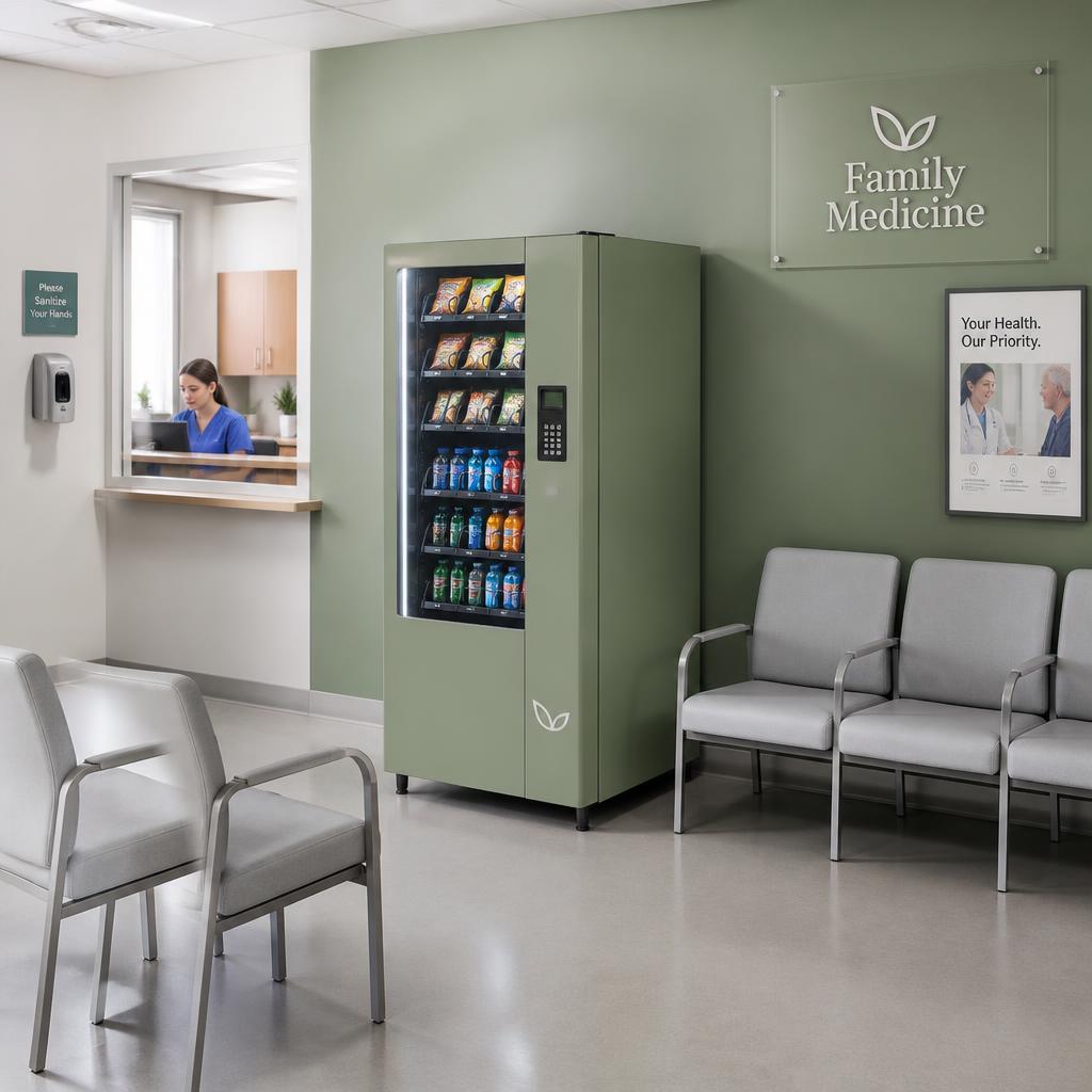 Medical waiting room · Muted sage neutrals to keep the room calm.