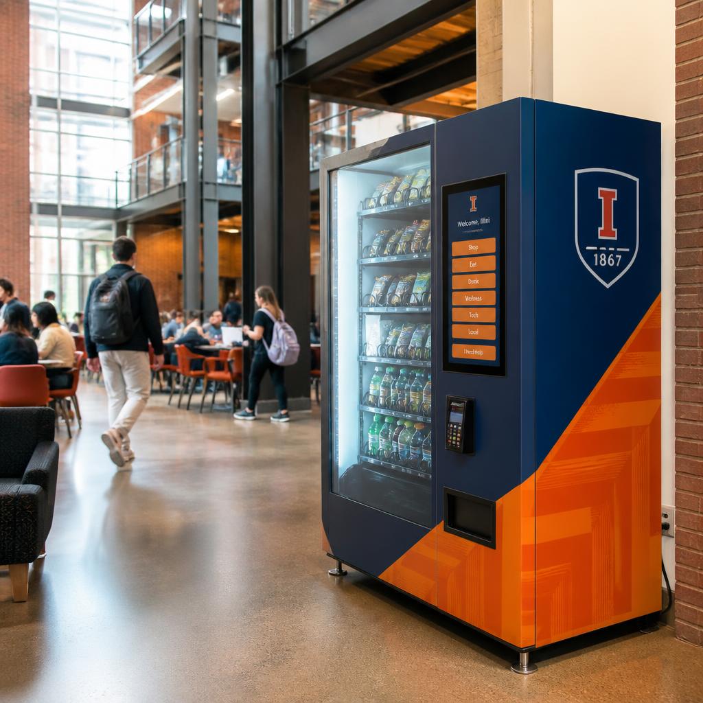 Student union · School colors, restrained — a landmark, not a billboard.